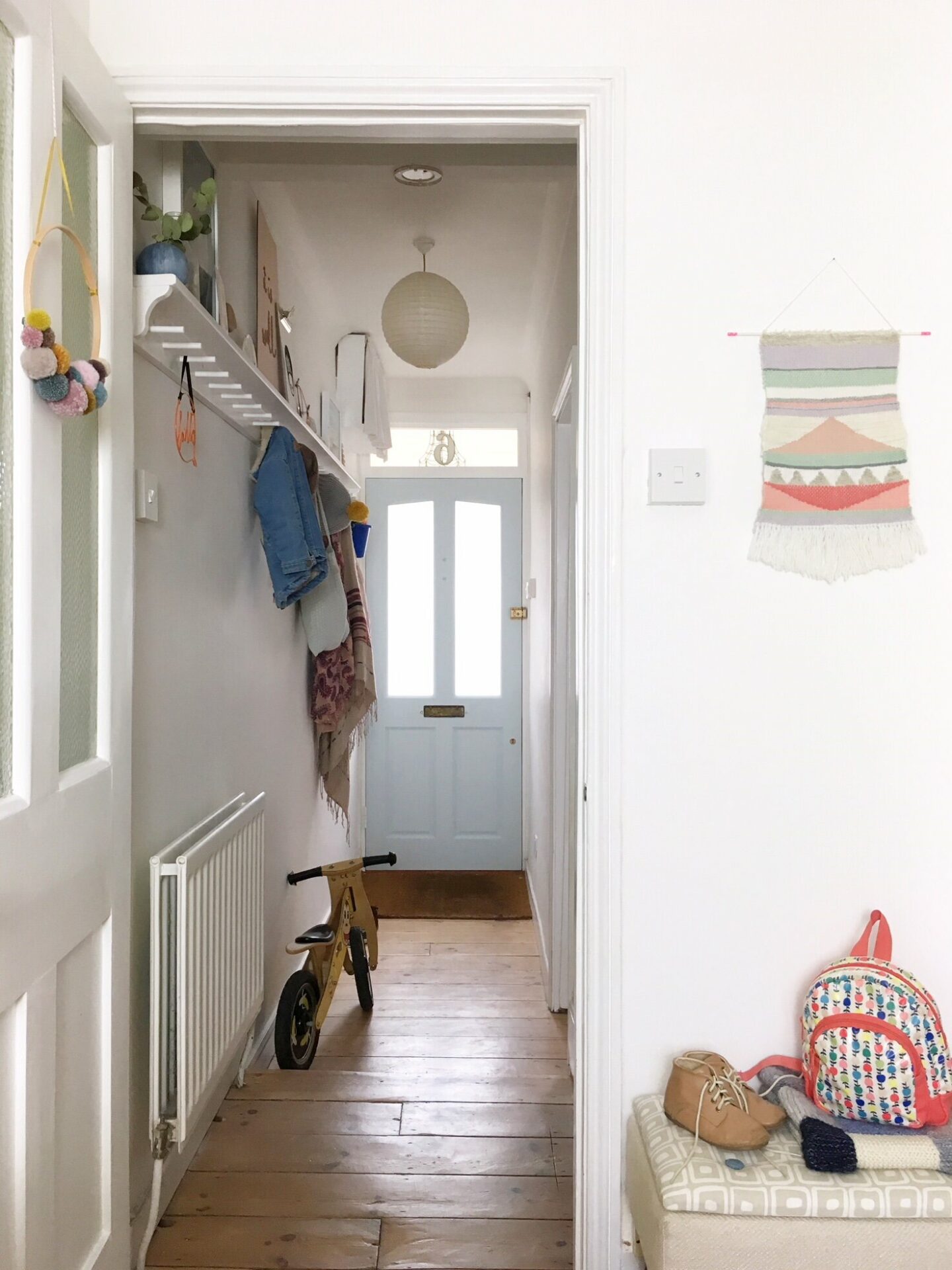 Coat hooks for narrow outlet hallway